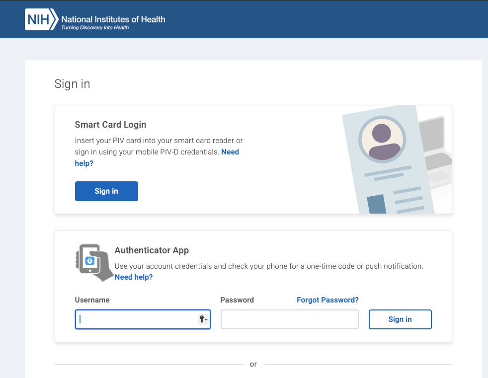 Sign in with your NIH username and password to login or Smart card to login