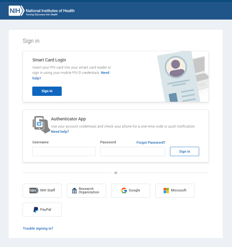 screenshot of the NIH login page